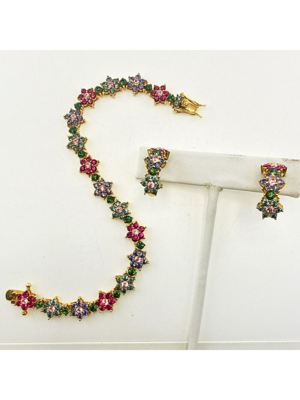 Joan Rivers Tennis Bracelet Earrings Lot Pink Purple Green Rhinestone Floral Set